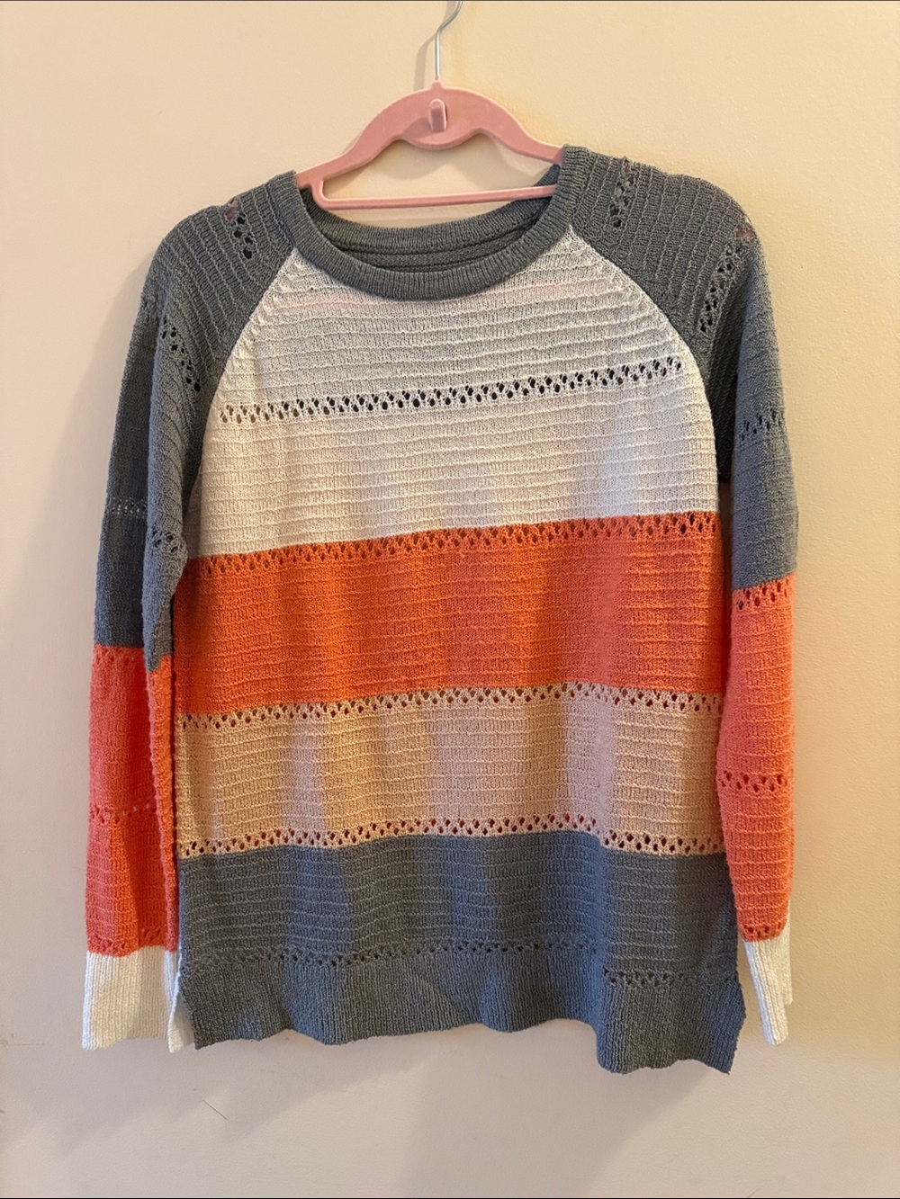Striped Crewneck Sweater in Gray, Cream & Coral